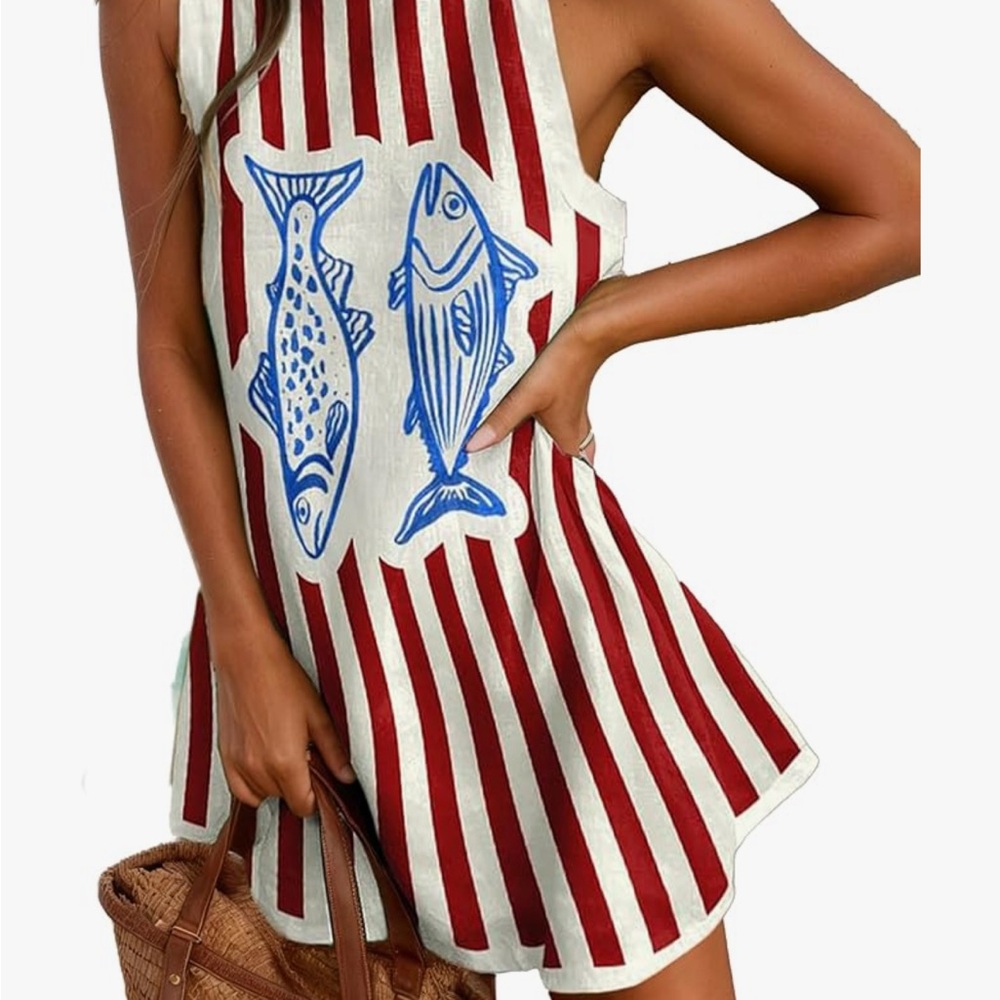 Striped Red and Blue Fish Print Dress